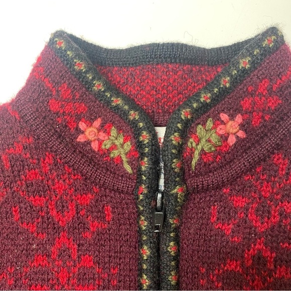 Vintage Tally Ho 100% Wool Floral Zip Cardigan Sweater Red Small Petite - Picture 2 of 7
